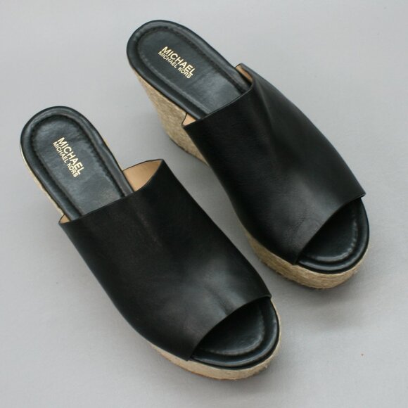 Michael Kors Ladies 9 M Wedge 2"-Platform Jute 4"-Heels Black Slides Mules Shoes - Picture 6 of 12